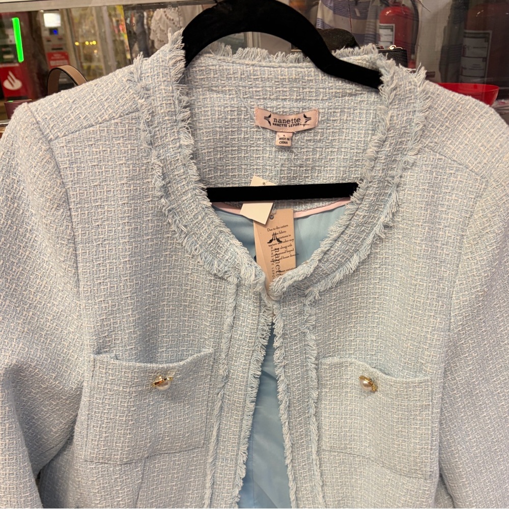 Sky Blue Tweed Jacket with Gold Accents